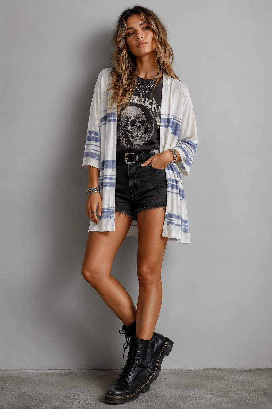 White Blue Striped Lightweight Open Cardigan Sweater 3/4 Sleeve OS